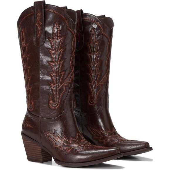 🆕Women Chestnut Brown Faux Leather Wood Embroidered Chunky Heel Cowgirl Boots - Picture 2 of 8